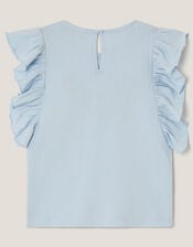 Floral Embroidered Frill T-Shirt, Blue (BLUE), large