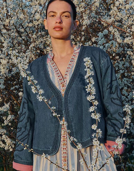 East Juna Denim Botanical Embroidered Jacket, Blue (BLUE), large