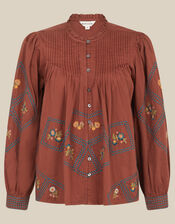 Sadie Embroidered Pintuck Blouse, Orange (RUST), large