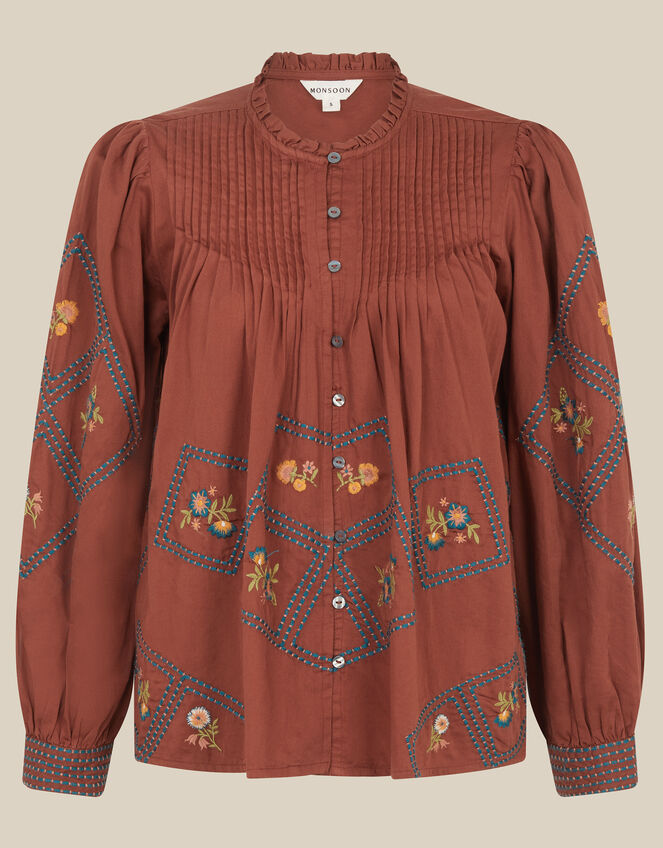 Sadie Embroidered Pintuck Blouse, Orange (RUST), large