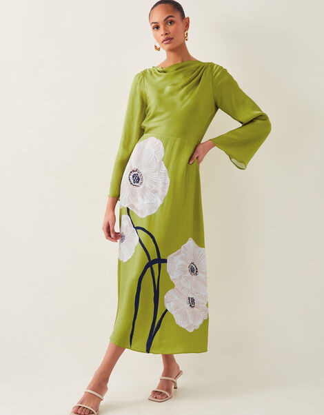 Molly Floral Print Satin Dress, Green (OLIVE), large