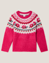 Rhinestone Floral Fair Isle Jumper, Pink (PINK), large