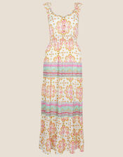 Frill Tiered Printed Maxi Dress , Orange (CORAL), large