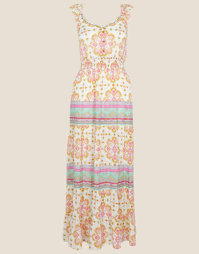 Frill Tiered Printed Maxi Dress , Orange (CORAL), large