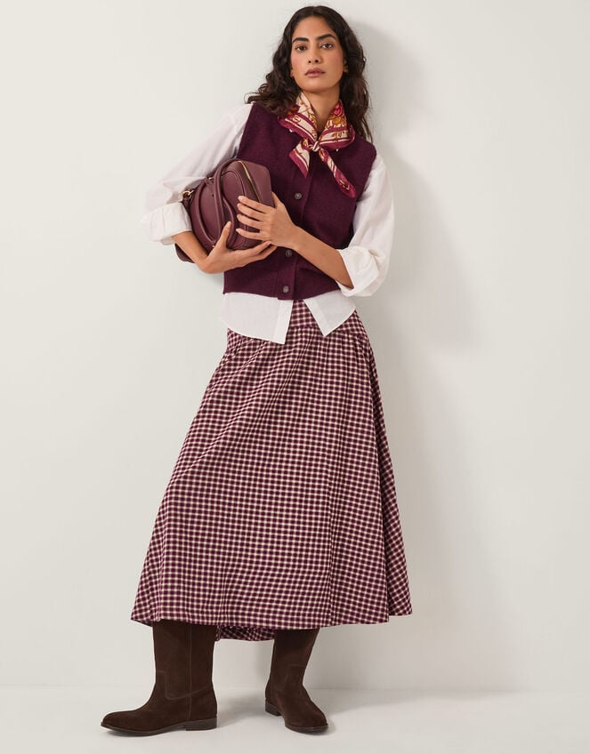 Agatha Check Drop Waist Midi Skirt, Red (CHERRY), large