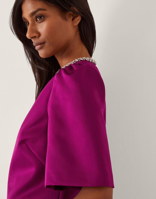 Saira Embellished Short Sleeve Satin Jacket, Pink (MAGENTA), large