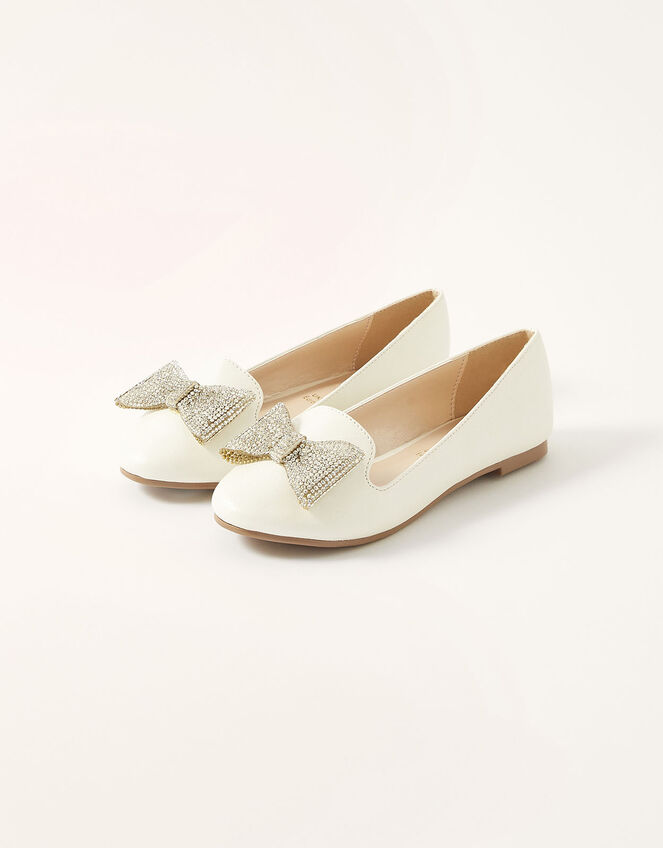 Shimmer Diamante Bow Slippers, Ivory (IVORY), large