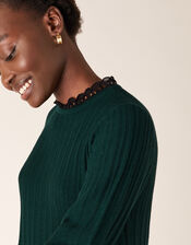 Woven Neckline Knit Dress, Green (DARK GREEN), large