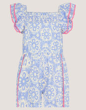 Batik Print Ruffle Playsuit , Blue (NAVY), large