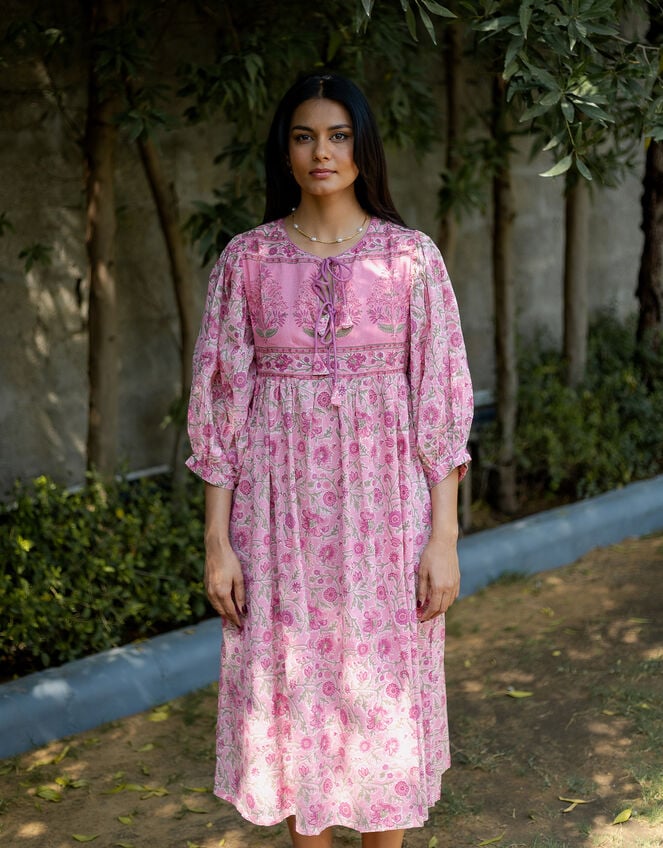 Dilli Grey Fara Floral Block Print Midi Dress, Pink (PINK), large