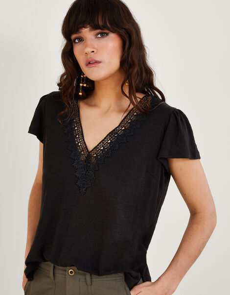 Lace V-Neck Short Sleeve Top in Linen Blend, Black (BLACK), large
