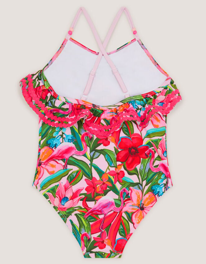 Flamingo Print Frill Swimsuit, Pink (PINK), large