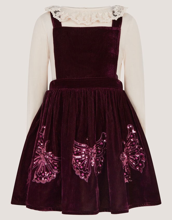Long Sleeve Top & Velvet Pinafore Dress Set, Red (BURGUNDY), large