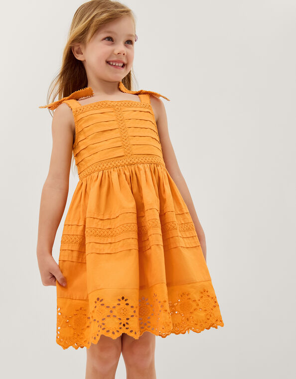 Broderie Pleated Cotton Dress, Orange (ORANGE), large