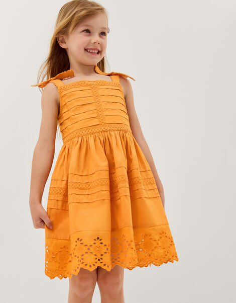 Broderie Pleated Cotton Dress, Orange (ORANGE), large