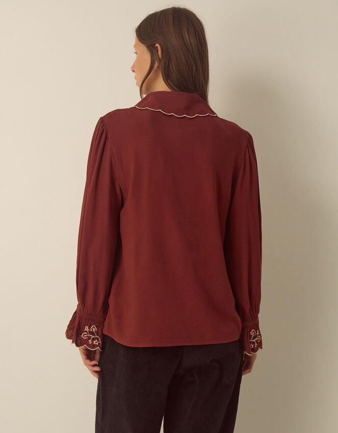 Holly Floral Embroidered Scallop Shirt, Red (BURGUNDY), large