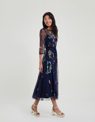 Nyla Embellished Midi Dress in Recycled Polyester Blue, Blue (NAVY), large