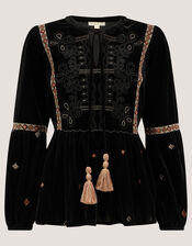 Noni Embroidered Velvet Long Sleeve Top , Black (BLACK), large