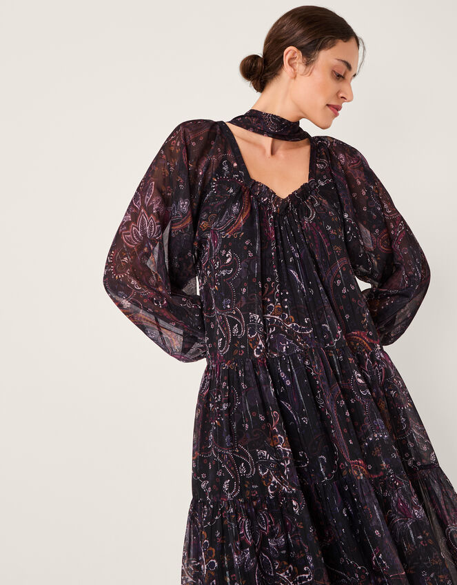 Marianna Paisley Print Tiered Midi Dress, Purple (PURPLE), large