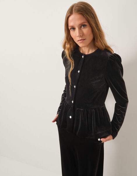 Vayle Stretch Velvet Peplum Jacket, Black (BLACK), large