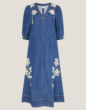 Fallon Floral Embroidered Denim Midi Dress, Blue (DENIM BLUE), large