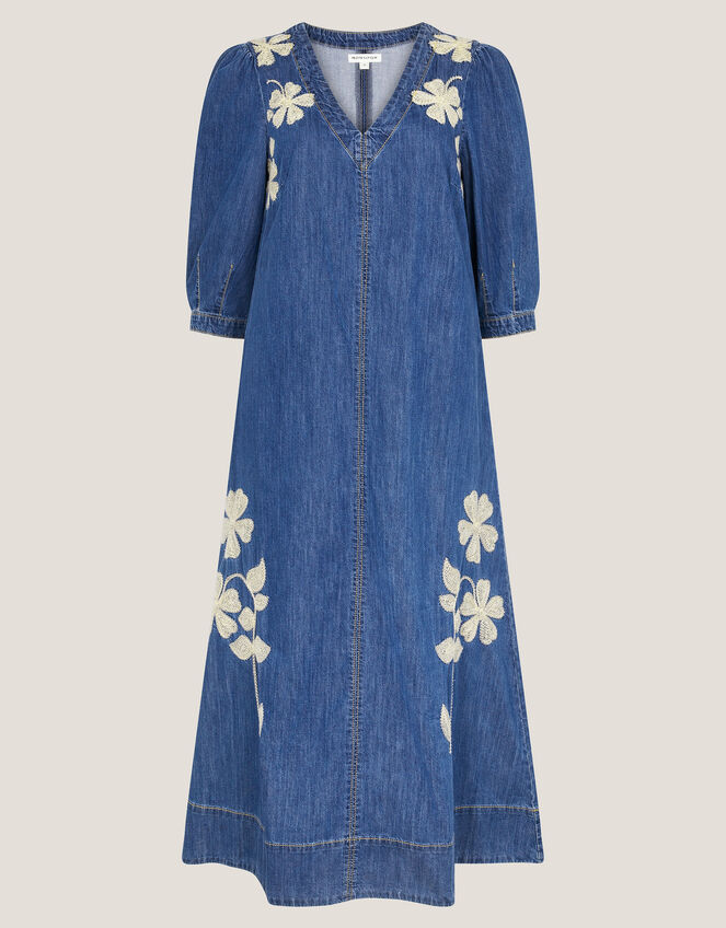 Fallon Floral Embroidered Denim Midi Dress, Blue (DENIM BLUE), large
