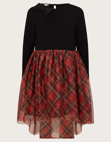 Long Sleeve Tartan Tulle Dress, Black (BLACK), large