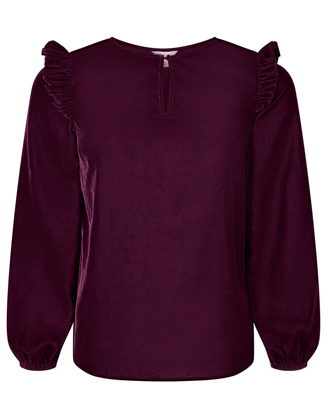 Velvet Ruffle Trim Top, Purple (PLUM), large