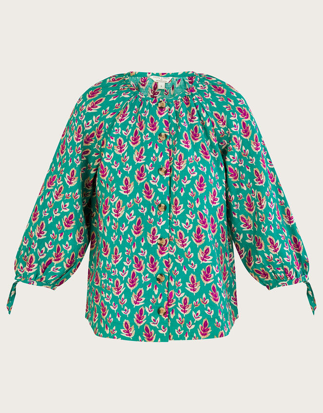 Print Tie Cuff Button Through Linen Blouse, Green (GREEN), large