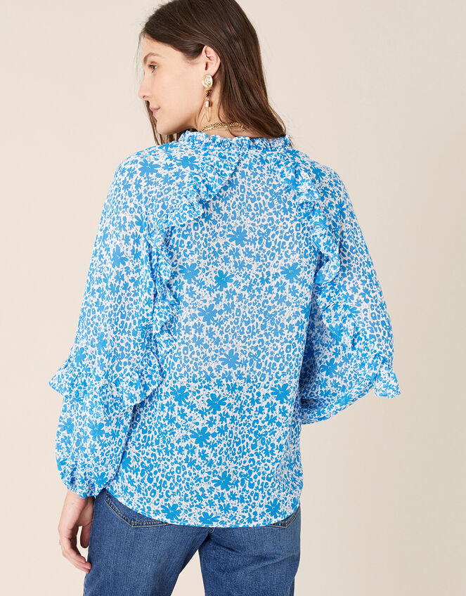 Ruffle Sleeve Floral Blouse, Blue (BLUE), large