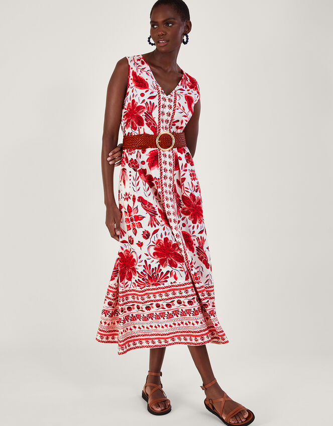 Print Midi Dress in Linen Blend, Red (RED), large