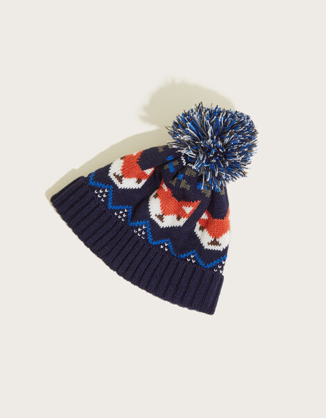 Foxy Fairisle Beanie Hat Blue, Blue (NAVY), large