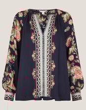 Rosalie Floral Print V-Neck Blouse, Blue (NAVY), large