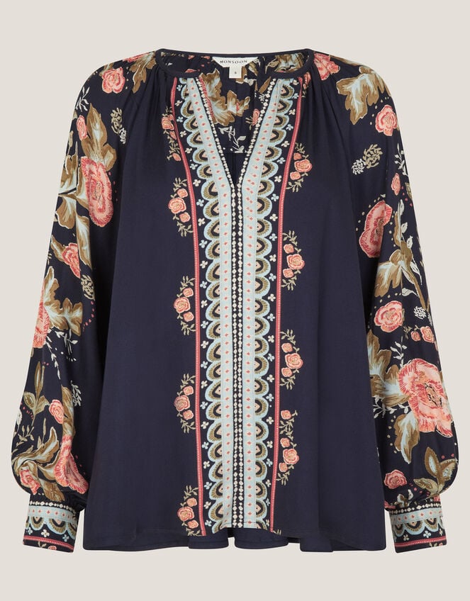 Rosalie Floral Print V-Neck Blouse, Blue (NAVY), large