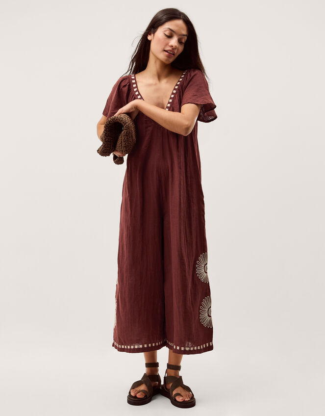 Aurelia Embroidered Cotton Jumpsuit, Brown (BROWN), large