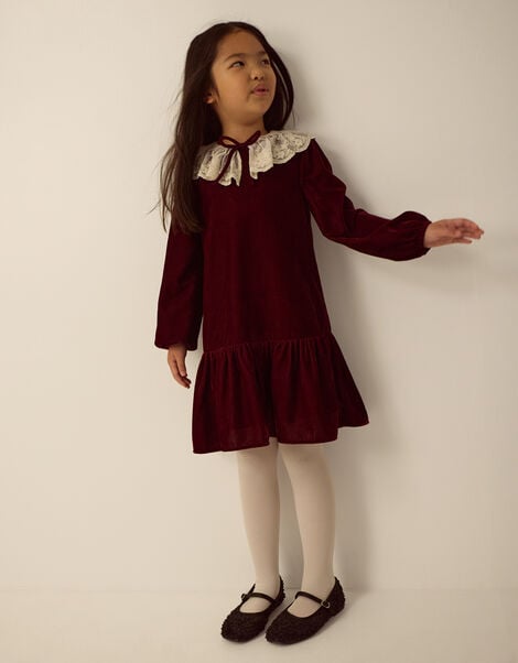 Monsoon x Queens of Archive Lace Collar Velvet Party Dress​, Red (BURGUNDY), large
