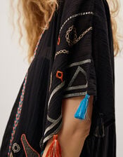 Pelia Embroidered Tassel Mini Kaftan, Black (BLACK), large