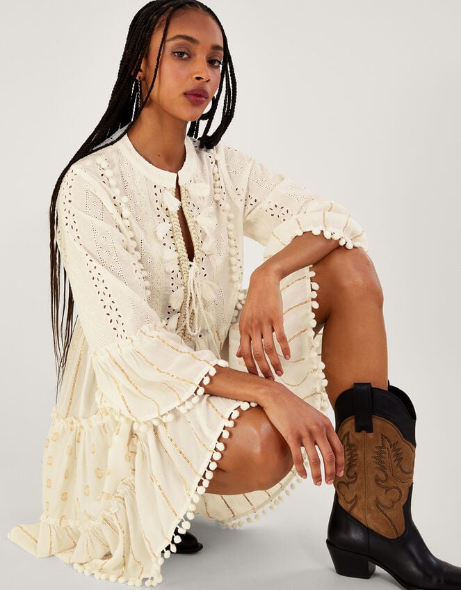Metallic Tassel Kaftan Dress, Ivory (IVORY), large