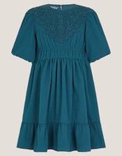 Crochet Yoke Tiered Dress, Blue (NAVY), large