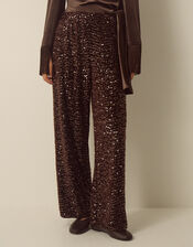 Samie Sequin Velvet Wide Leg Trousers, Brown (CHOCOLATE), large