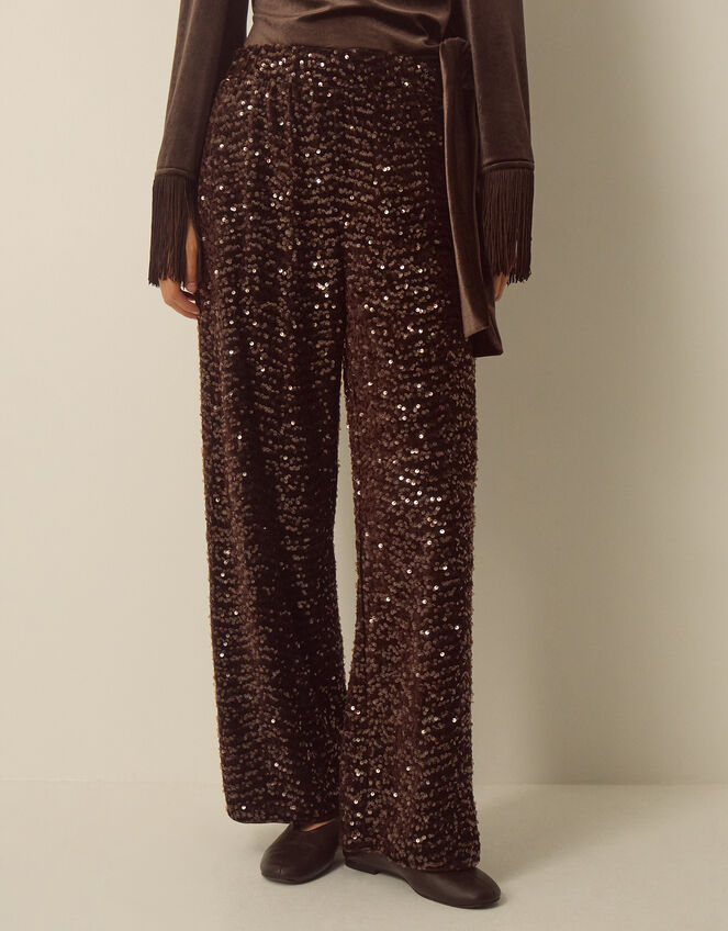 Samie Sequin Velvet Wide Leg Trousers, Brown (CHOCOLATE), large