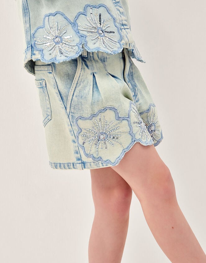 Sequin Flower Denim Shorts , Blue (BLUE), large