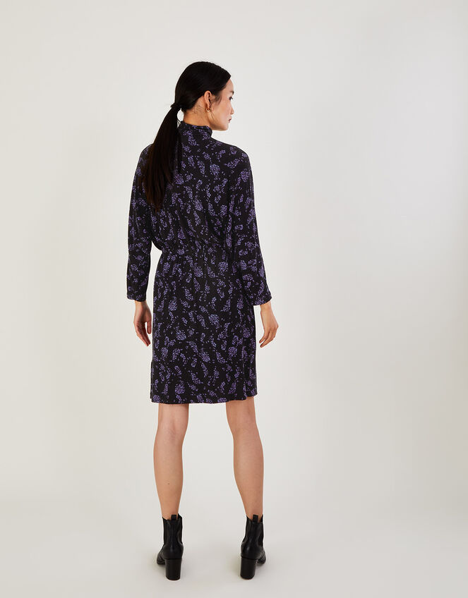 High Neck Feather Print Jersey Dress, Black (BLACK), large