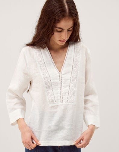 Jayla V-Neck Lace Linen Blouse, White (WHITE), large