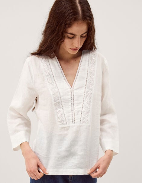 Jayla V-Neck Lace Linen Blouse, White (WHITE), large