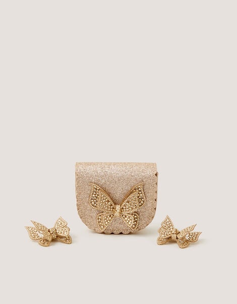 Rhinestone Butterfly Bag & Hair Clips Set, , large