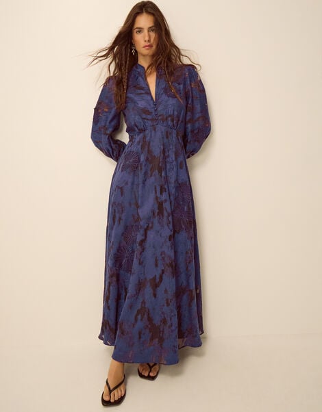 Glen Floral Jacquard Midi Dress, Blue (NAVY), large