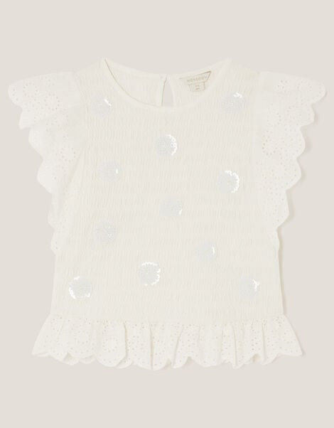 Sequin Broderie Smocked Top, Ivory (IVORY), large