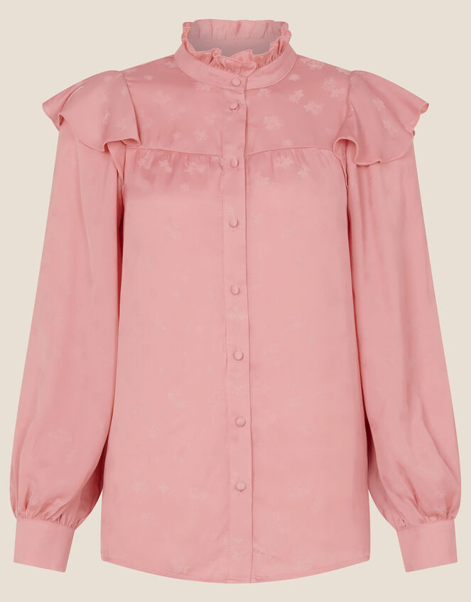 Fiona Frill Satin Jacquard Blouse, Pink (ROSE), large