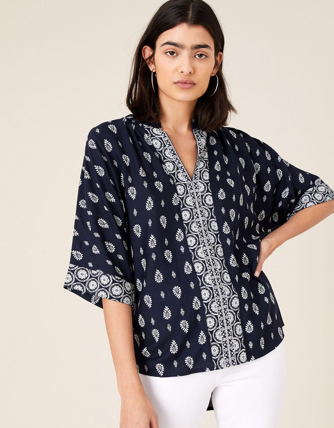 Heritage Print Top in LENZING™ ECOVERO™, Blue (NAVY), large